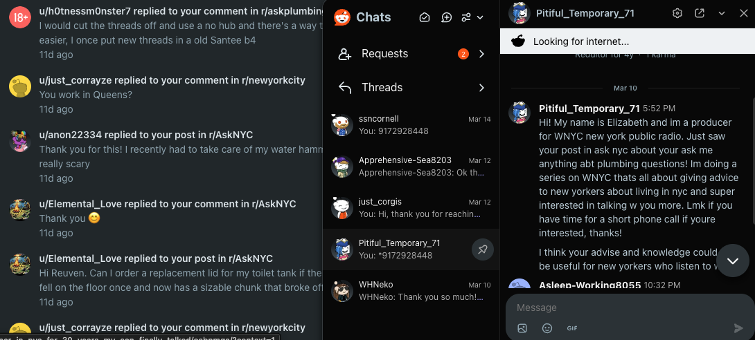 Reddit DMs including WNYC radio producer